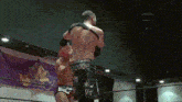 two men are fighting in a wrestling ring with a purple banner in the background .