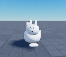 a white bunny with a mustache is standing on a gray tile floor