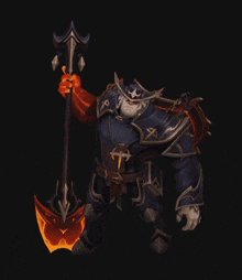 a cartoon character is holding a large axe with a flame on it