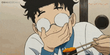 a cartoon of a man covering his mouth with his hands while eating sushi with chopsticks from deiostudios