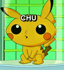 a cartoon pikachu with the word chu on his head