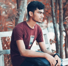 a young man wearing a maroon shirt with the letter t on it