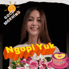 a picture of a woman with a cup of coffee and the words ngopi yuk