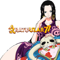 a cartoon of a woman holding a skull with the words " ratuular 7 " written above her