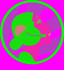 a pink and green circle with a silhouette of a person