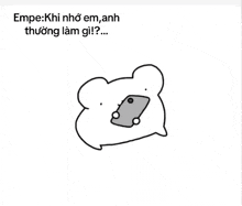 a cartoon of a bear holding a cell phone in its mouth with foreign text below it