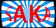 the word saka is in red on a blue and white striped background