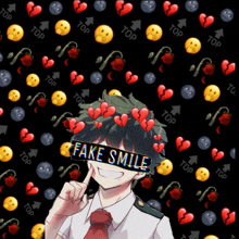 a boy with a fake smile on his face