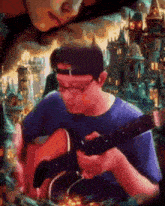 a man in a blue shirt is playing a guitar with a castle in the background