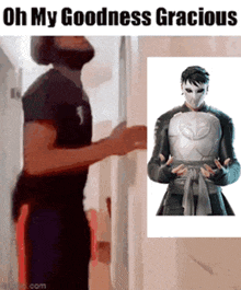 a man in a mask is standing in front of a door with a picture of a man in a mask on the wall .