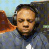 a painting of a man wearing headphones with a green sign that says 150