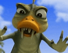 a cartoon duck with sharp teeth is standing in front of a blue sky with its hands outstretched .