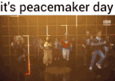 a group of people dancing with the words it 's peacemaker day