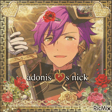 a picture of a boy with purple hair holding a sword with the name adonis on the bottom right