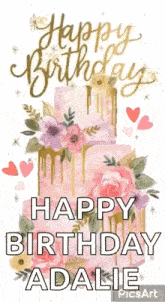 a happy birthday card with a cake and flowers on it
