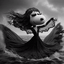 a black and white drawing of snoopy wearing a black dress