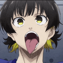 a close up of a person with their tongue hanging out