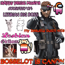 a picture of a man in a suit with the words happy pride month courtesy of lesbian big boss