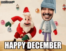 a cartoon of santa claus and a man with a nose ring are standing next to each other .