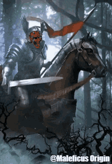 a knight riding on the back of a horse with a red mask on