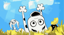 a dalmatian and a cartoon character are in a field of yellow flowers with the words neue folge below them