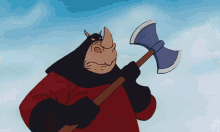 a cartoon rhino is holding an axe in his hand
