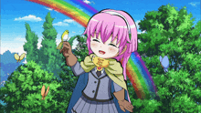 a little girl with pink hair is holding a bird in front of a rainbow and butterflies