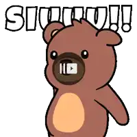 a cartoon teddy bear with a video play button in its mouth says suuuu