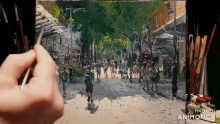 a painting of people walking down a street with the words made in animatica below it