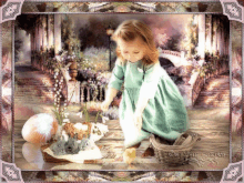 a little girl in a green dress is kneeling next to a basket of eggs and rabbits