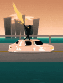 a cartoon of a man standing on top of a car holding a torch