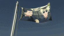 a flag with a picture of two anime characters hanging from a pole