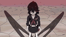 a cartoon girl in a school uniform is standing in front of a spider .