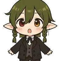 a cartoon character with green hair and brown eyes wearing a black suit