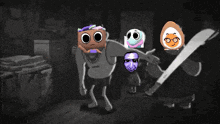 a cartoon character is holding a sword in a black and white scene