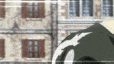 a cartoon drawing of a person standing in front of a building with shutters on the windows