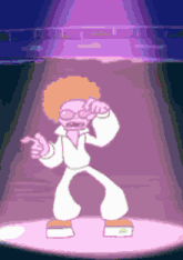 a cartoon character is dancing on a stage with purple lights behind him