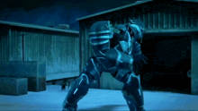 an animated robot is standing in front of a building at night