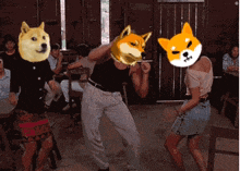a group of people dancing with doge heads on their faces