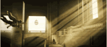 a black and white photo of a person falling into a room