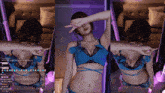 a woman in a blue bra and shorts is dancing in front of purple lights