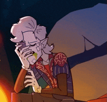 a cartoon drawing of a man sitting by a fire
