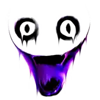a white face with purple eyes and a purple tongue sticking out on a white background .
