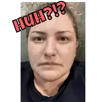a woman 's face is shown with the words huh written above her head