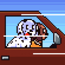 a pixel art drawing of a dalmatian dog driving a car