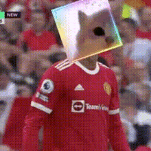 a soccer player wearing a red teamview jersey has a dog mask on his head .