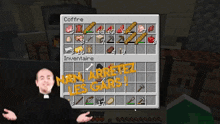 a priest stands in front of a minecraft screen that says " coffre "