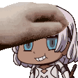 a cartoon character with blue eyes is smiling and holding a donut in her mouth .