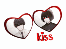 a couple of heart shaped frames with the word kiss on the bottom
