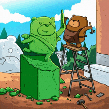a cartoon of two teddy bears standing next to a green statue